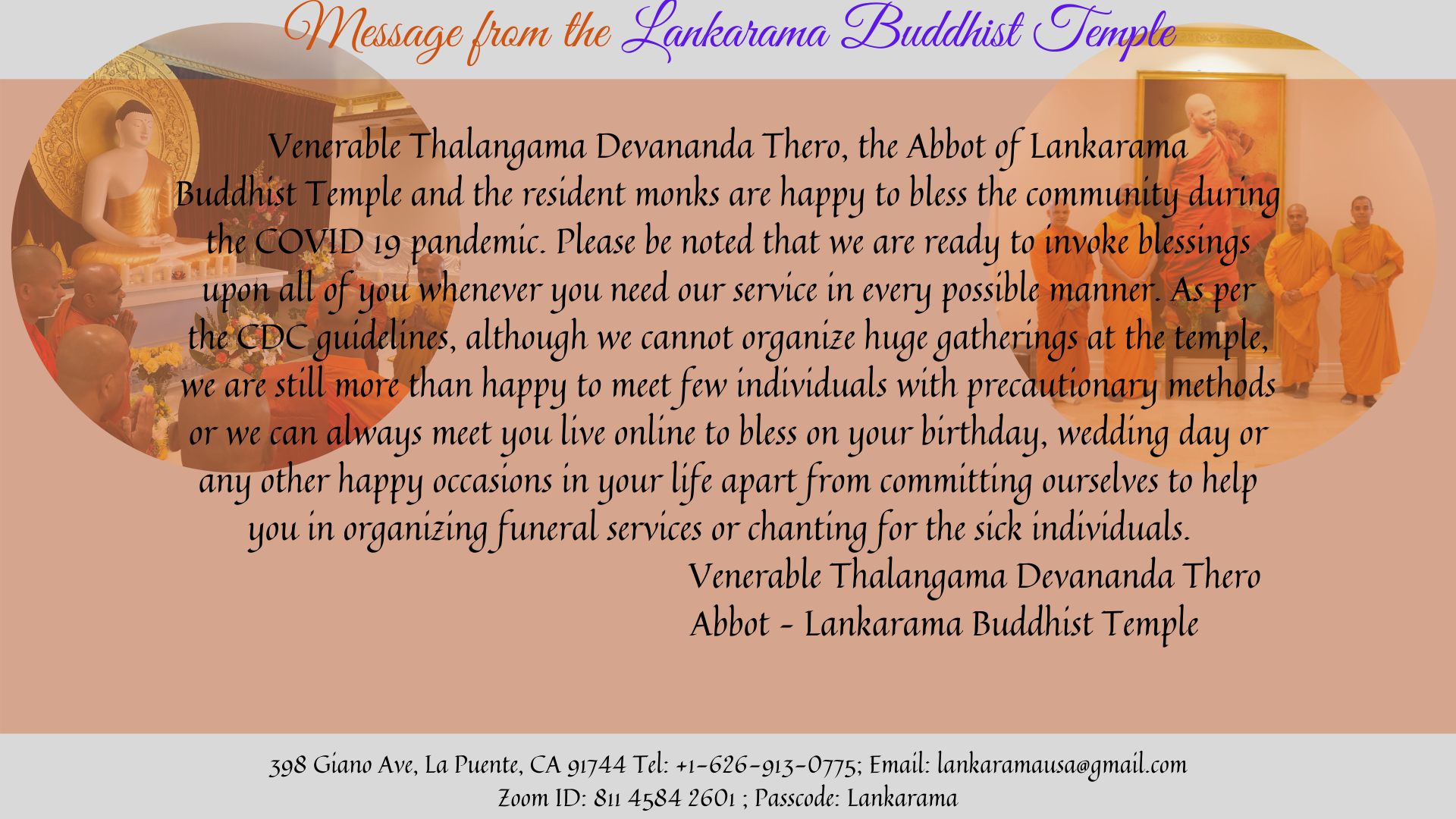 Message from the Lankarama Buddhist Temple